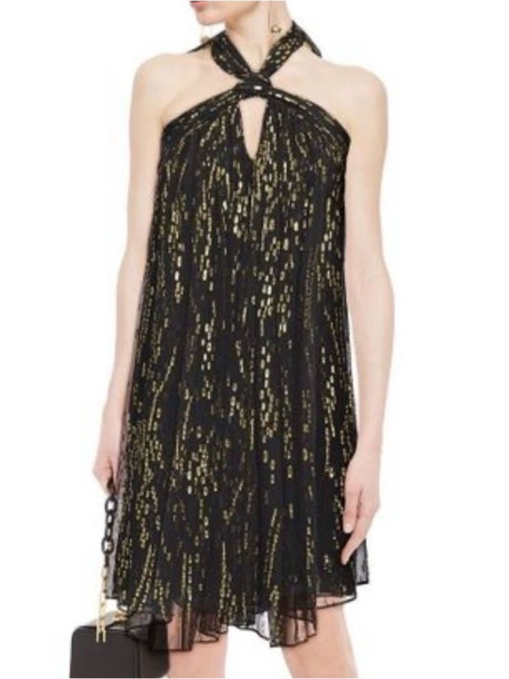 NEW BA&SH Junon Metallic Silk-Blend Chiffon Halterneck Mini Dress